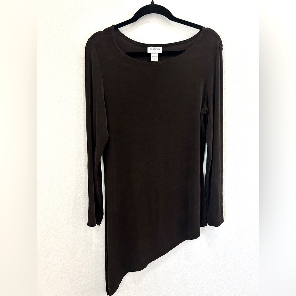 Chicos travelers long sleeve asymmetrical tunic med brown office professional - Picture 1 of 6